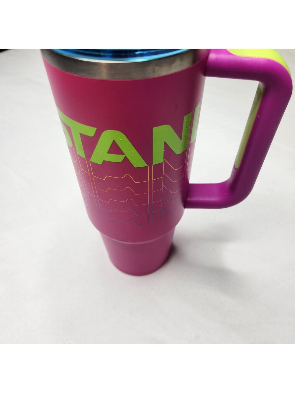 Stanley handled tumbler pink and purple with straw